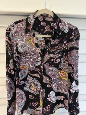 Express Black Paisley Button-Down Shirt with Multicolor Accents